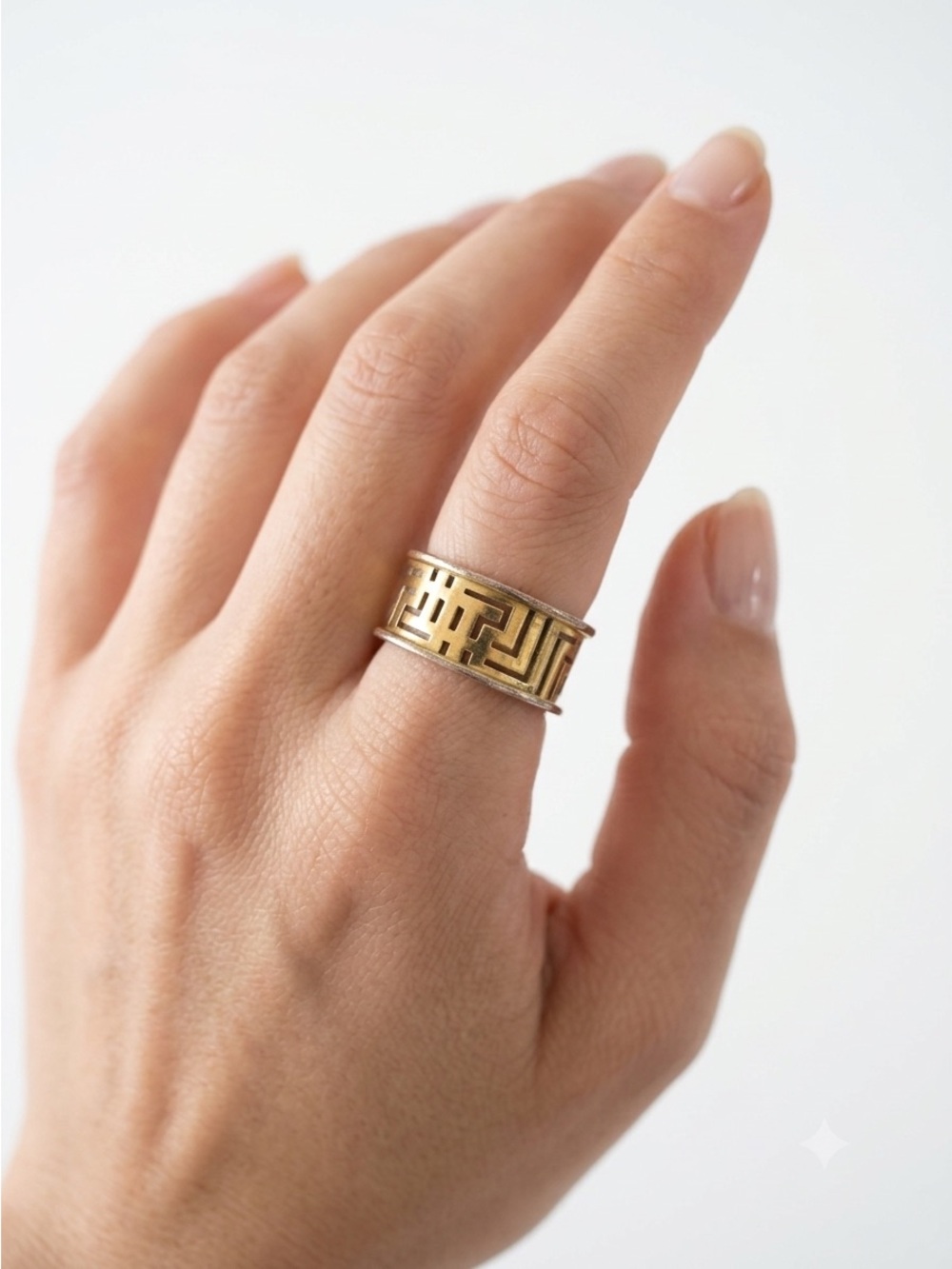 Versace Gold Plated Greca Cutout Statement Ring Band - US 11